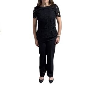 Tory Burch Navy/Black Jumpsuit - Lace Short Sleeve Wide Leg - Size Small